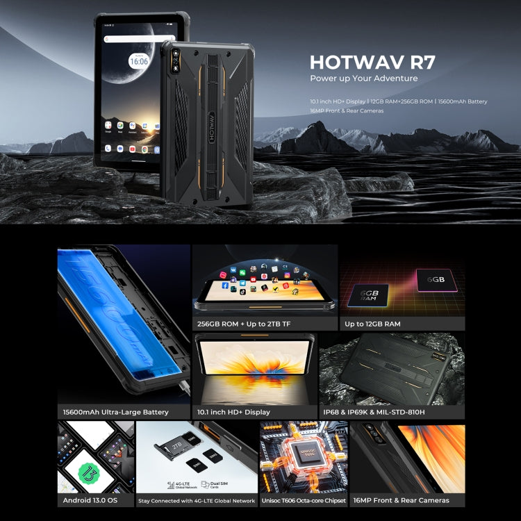 HOTWAV Tab R7 Rugged Tablet, 6GB+256GB, 10.1 inch Android 13 Unisoc Tiger T606 Octa Core 4G Network, Global Version with Google Play(Black Orange) - free shipping - PMC TechLife - Order now!