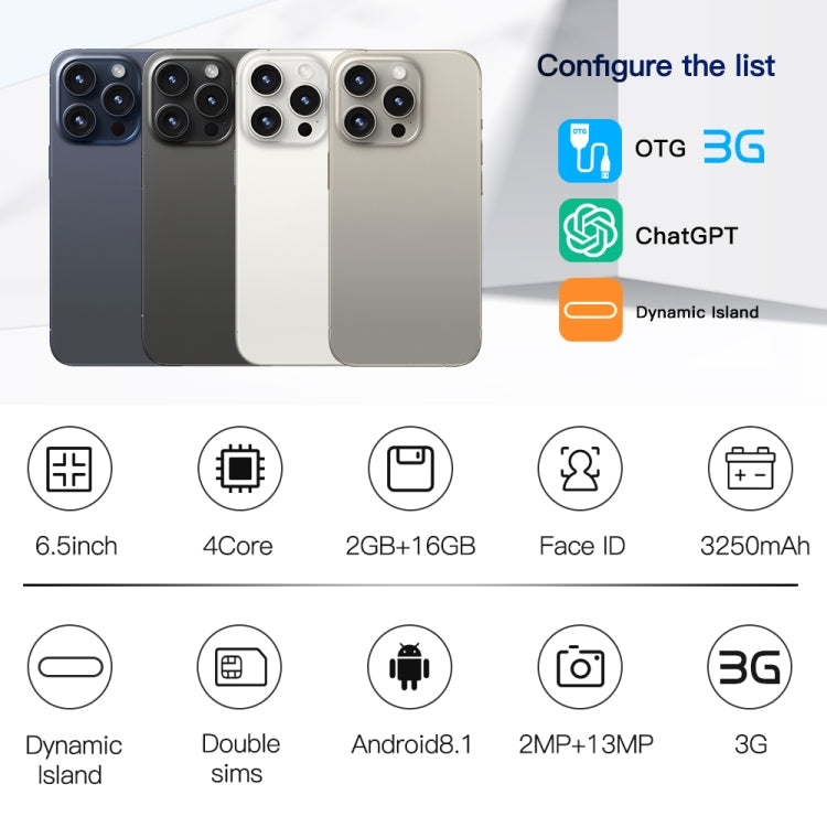 i15 Pro Max / Q5, 2GB+16GB, 6.5 inch Screen, Face Identification, Android 8.1 MTK6580P Quad Core, Network: 3G, Dual SIM(Titanium Black) -  by PMC TechLife | Online Shopping South Africa | PMC TechLife