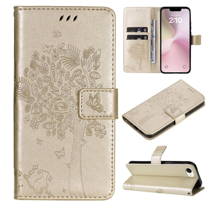 For iPhone SE 2024 Tree & Cat Embossed Pattern Flip Leather Phone Case(Gold) - More iPhone Cases by PMC Jewellery | Online Shopping South Africa | PMC Jewellery | Buy Now Pay Later Mobicred