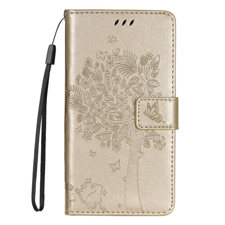 For iPhone SE 2024 Tree & Cat Embossed Pattern Flip Leather Phone Case(Gold) - More iPhone Cases by PMC Jewellery | Online Shopping South Africa | PMC Jewellery | Buy Now Pay Later Mobicred