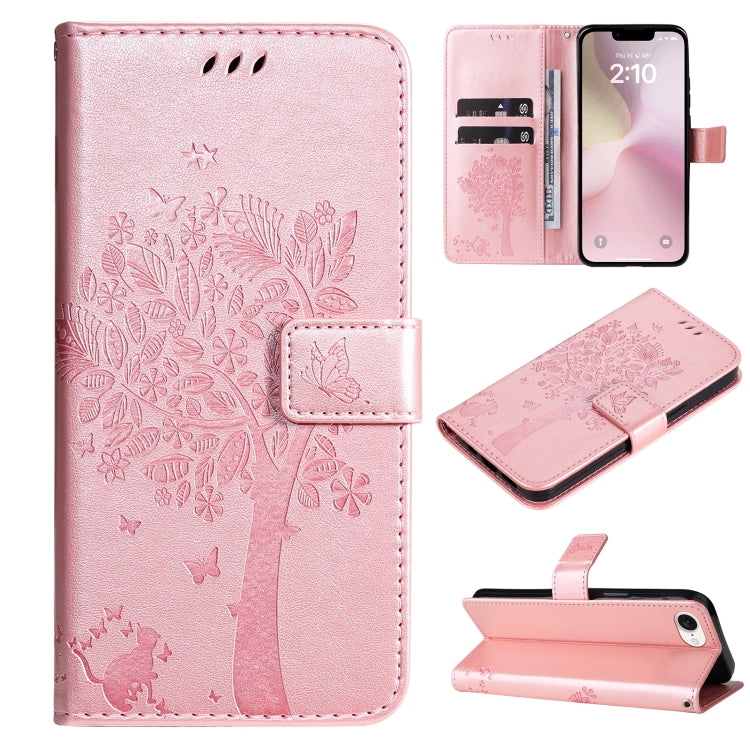 For iPhone SE 2024 Tree & Cat Embossed Pattern Flip Leather Phone Case(Rose Gold) - More iPhone Cases by PMC Jewellery | Online Shopping South Africa | PMC Jewellery | Buy Now Pay Later Mobicred