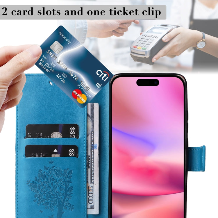 For iPhone 16 Tree & Cat Embossed Pattern Flip Leather Phone Case(Blue) - iPhone 16 Cases by PMC TechLife | Online Shopping South Africa | PMC TechLife | Buy Now Pay Later Mobicred