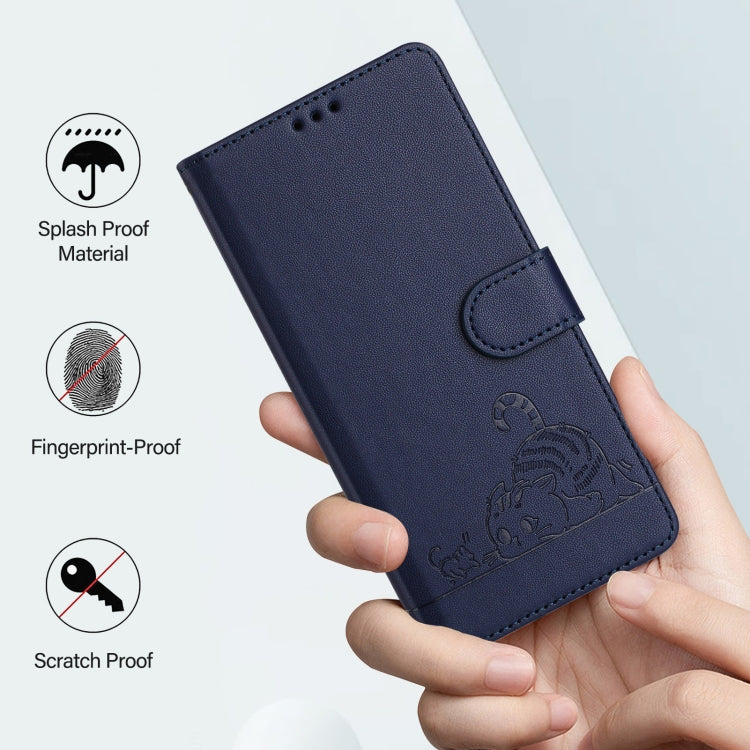 For OPPO Reno11 Pro 5G Global Cat Rat Embossed Pattern RFID Leather Phone Case with Lanyard(Blue) - Reno11 Pro Cases by PMC Jewellery | Online Shopping South Africa | PMC Jewellery | Buy Now Pay Later Mobicred