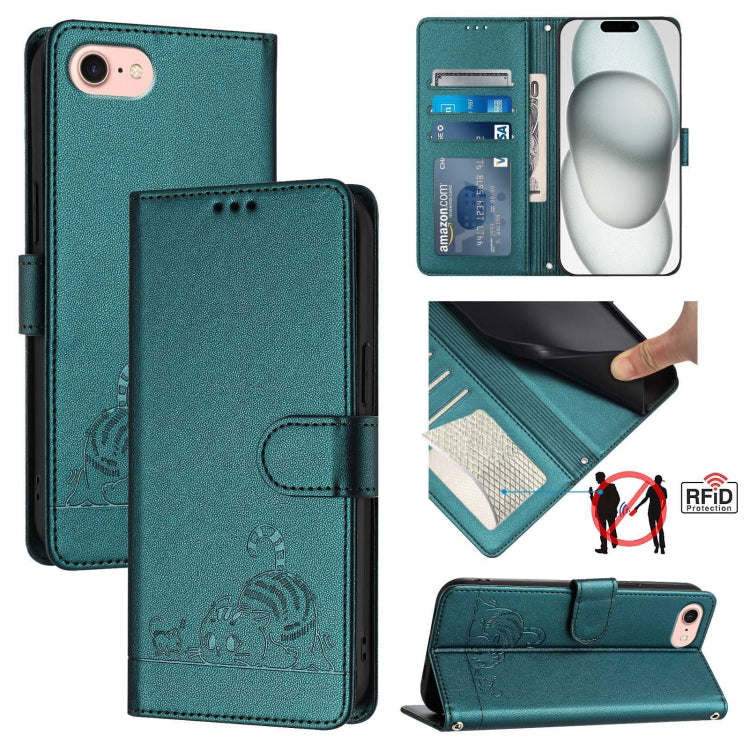 For iPhone SE 2024 Cat Rat Embossed Pattern RFID Leather Phone Case with Lanyard(Peacock Green) - More iPhone Cases by PMC Jewellery | Online Shopping South Africa | PMC Jewellery | Buy Now Pay Later Mobicred