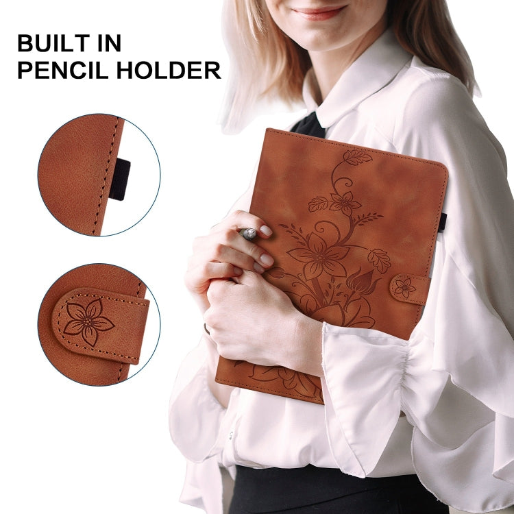 For Samsung Galaxy Tab S9 / S9 FE Lily Embossed Leather Tablet Case(Brown) - Galaxy Tab S9 Cases by PMC Jewellery | Online Shopping South Africa | PMC Jewellery | Buy Now Pay Later Mobicred