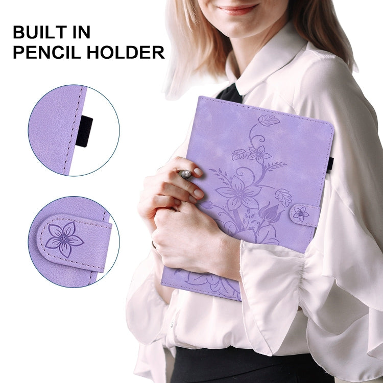 For Samsung Galaxy Tab S9 / S9 FE Lily Embossed Leather Tablet Case(Purple) - Galaxy Tab S9 Cases by PMC Jewellery | Online Shopping South Africa | PMC Jewellery | Buy Now Pay Later Mobicred