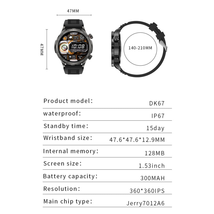 DK67 1.53 inch IP67 BT 5.0 Fitness Sport Smart Watch, Support Bluetooth Call / Sleep / Blood Oxygen / Heart Rate / Blood Pressure Health Monitor(Black) - Smart Watches by PMC TechLife | Online Shopping South Africa | PMC TechLife | Buy Now Pay Later Mobicred