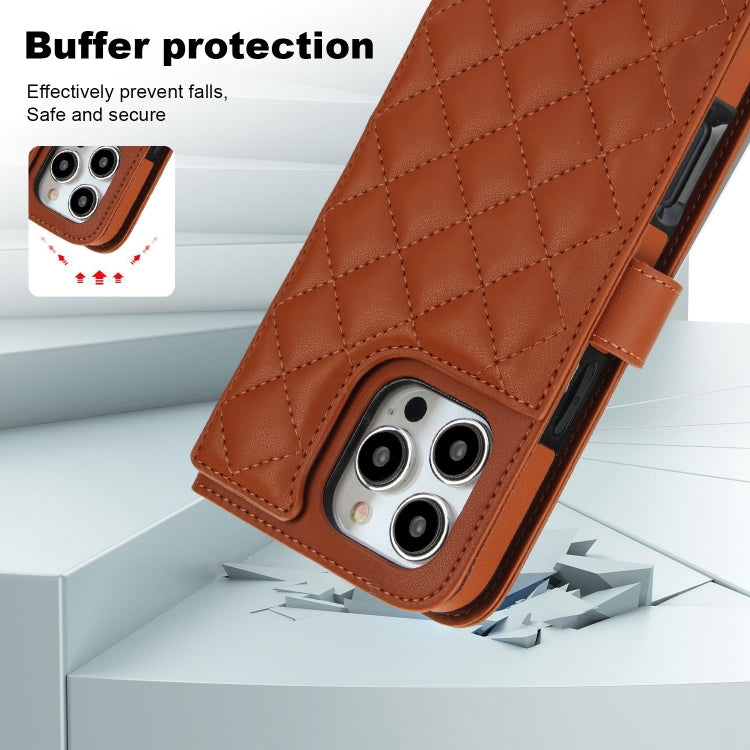 For iPhone 16 Pro Crossbody Multifunction Rhombic Leather Phone Case(Brown) - More iPhone Cases by PMC Jewellery | Online Shopping South Africa | PMC Jewellery | Buy Now Pay Later Mobicred