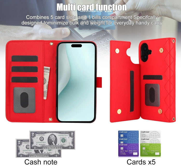 For iPhone 16 Plus Crossbody Multifunction Rhombic Leather Phone Case(Red) - iPhone 16 Plus Cases by PMC Jewellery | Online Shopping South Africa | PMC Jewellery | Buy Now Pay Later Mobicred