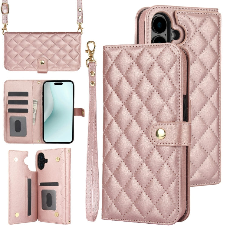 For iPhone 16 Crossbody Multifunction Rhombic Leather Phone Case(Rose Gold) - iPhone 16 Cases by PMC Jewellery | Online Shopping South Africa | PMC Jewellery | Buy Now Pay Later Mobicred