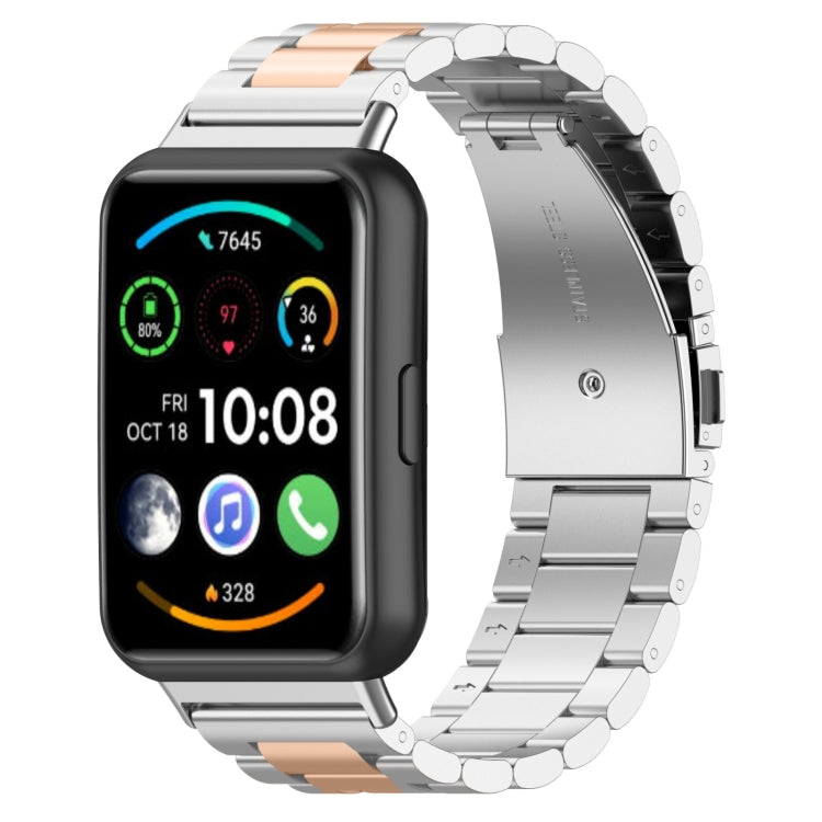 For Huawei Watch Fit 3 Three Bead Stainless Steel Metal Watch Band(Silver Rose Gold) - Watch Bands by PMc TechLife | Online Shopping South Africa | PMc TechLife | Buy Now Pay Later Mobicred