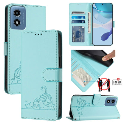 For Motorola Moto G Play 4G 2024 Global Cat Rat Embossed Pattern RFID Leather Phone Case with Lanyard(Mint Green) - Motorola Cases by PMC Jewellery | Online Shopping South Africa | PMC Jewellery | Buy Now Pay Later Mobicred