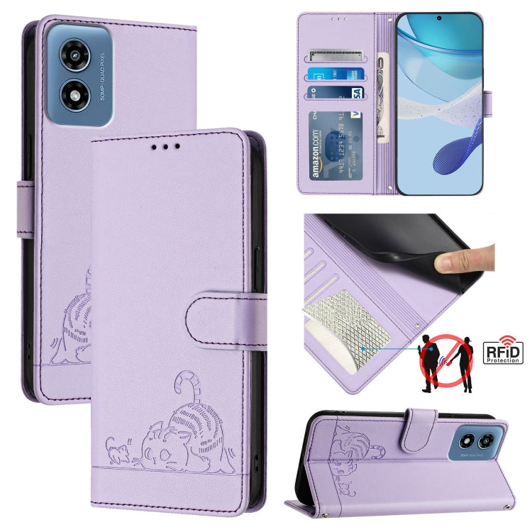 For Motorola Moto G Play 4G 2024 Global Cat Rat Embossed Pattern RFID Leather Phone Case with Lanyard(Purple) - Motorola Cases by PMC Jewellery | Online Shopping South Africa | PMC Jewellery | Buy Now Pay Later Mobicred