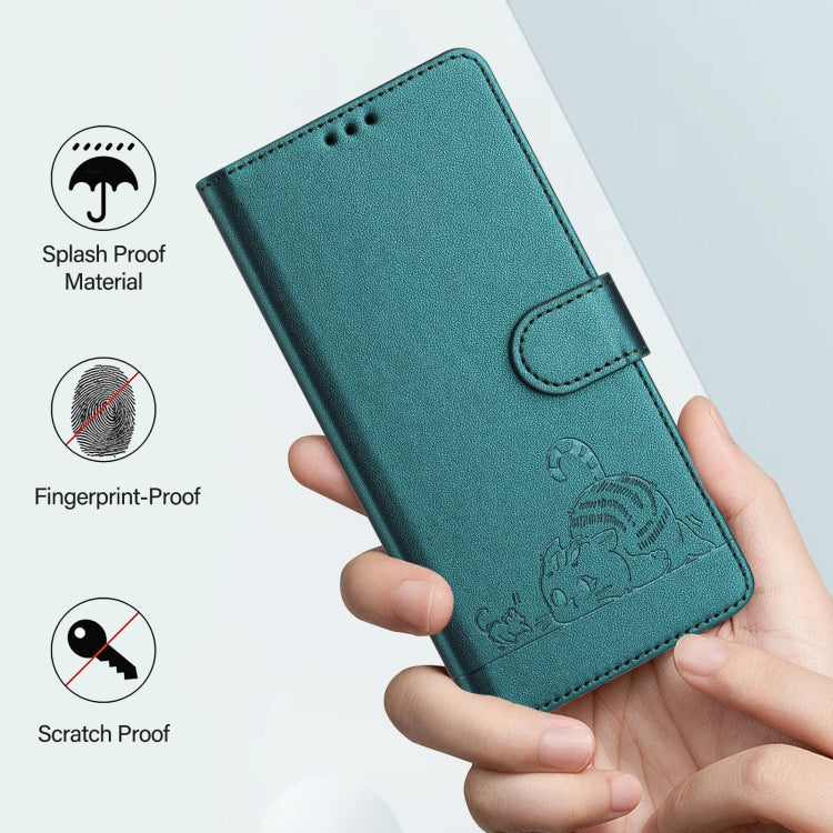 For Motorola Moto G Play 5G 2024 Global Cat Rat Embossed Pattern RFID Leather Phone Case with Lanyard(Peacock Green) - Motorola Cases by PMC Jewellery | Online Shopping South Africa | PMC Jewellery | Buy Now Pay Later Mobicred