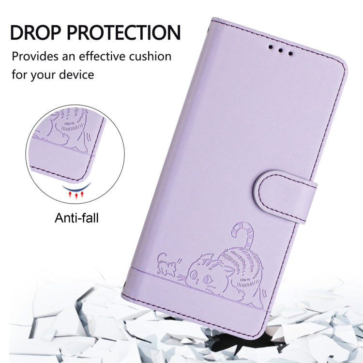 For Motorola Moto G Play 5G 2024 Global Cat Rat Embossed Pattern RFID Leather Phone Case with Lanyard(Purple) - Motorola Cases by PMC Jewellery | Online Shopping South Africa | PMC Jewellery | Buy Now Pay Later Mobicred