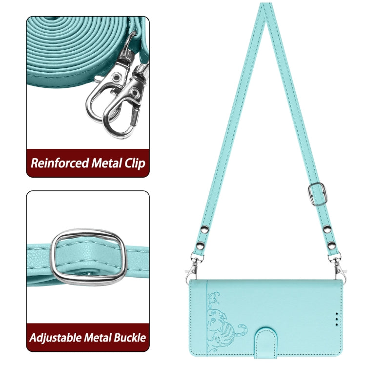 For Motorola Moto G 5G 2024 Global Cat Rat Embossed Pattern RFID Leather Phone Case with Lanyard(Mint Green) - Motorola Cases by PMC Jewellery | Online Shopping South Africa | PMC Jewellery | Buy Now Pay Later Mobicred