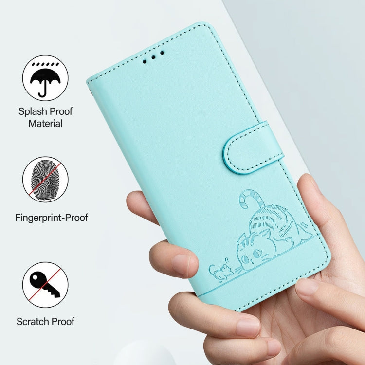 For Motorola Moto G 5G 2024 Global Cat Rat Embossed Pattern RFID Leather Phone Case with Lanyard(Mint Green) - Motorola Cases by PMC Jewellery | Online Shopping South Africa | PMC Jewellery | Buy Now Pay Later Mobicred