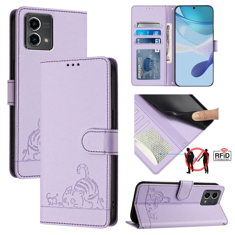 For Motorola Moto G Stylus 5G 2024 Cat Rat Embossed Pattern RFID Leather Phone Case with Lanyard(Purple) - Motorola Cases by PMC Jewellery | Online Shopping South Africa | PMC Jewellery | Buy Now Pay Later Mobicred