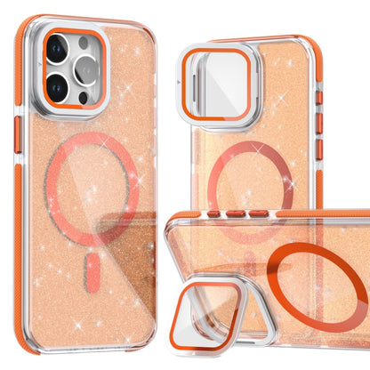 For iPhone 16 Pro Max Two-color Glitter Powder Lens Holder Magsafe Phone Case(Orange) - iPhone 16 Pro Max Cases by PMC Jewellery | Online Shopping South Africa | PMC Jewellery | Buy Now Pay Later Mobicred