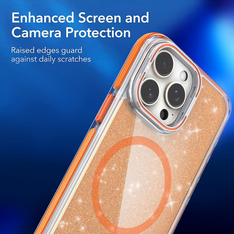 For iPhone 16 Pro Two-color Glitter Powder Lens Holder Magsafe Phone Case(Orange) - iPhone 16 Pro Cases by PMC Jewellery | Online Shopping South Africa | PMC Jewellery | Buy Now Pay Later Mobicred