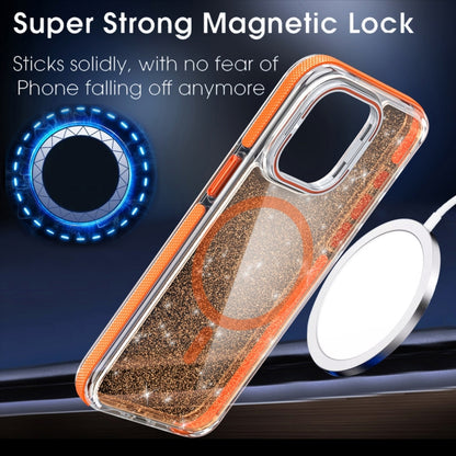 For iPhone 16 Pro Two-color Glitter Powder Lens Holder Magsafe Phone Case(Orange) - iPhone 16 Pro Cases by PMC Jewellery | Online Shopping South Africa | PMC Jewellery | Buy Now Pay Later Mobicred