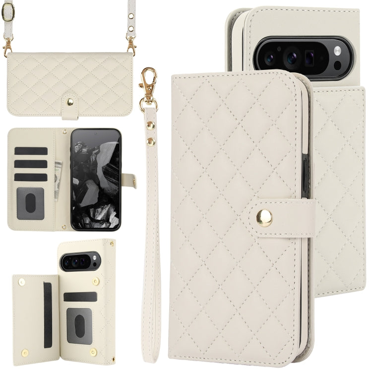 For Google Pixel 9 Crossbody Multifunction Rhombic Leather Phone Case(White) - Google Cases by PMC Jewellery | Online Shopping South Africa | PMC Jewellery | Buy Now Pay Later Mobicred