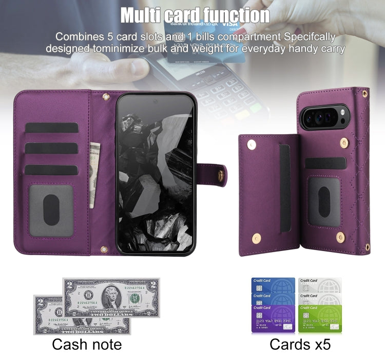 For Google Pixel 9 Crossbody Multifunction Rhombic Leather Phone Case(Dark Purple) - Google Cases by PMC Jewellery | Online Shopping South Africa | PMC Jewellery | Buy Now Pay Later Mobicred