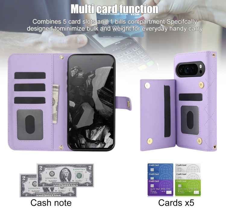 For Google Pixel 9 Crossbody Multifunction Rhombic Leather Phone Case(Purple) - Google Cases by PMC Jewellery | Online Shopping South Africa | PMC Jewellery | Buy Now Pay Later Mobicred