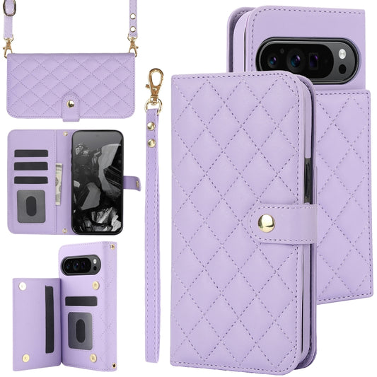 For Google Pixel 9 Pro XL Crossbody Multifunction Rhombic Leather Phone Case(Purple) - Google Cases by PMC Jewellery | Online Shopping South Africa | PMC Jewellery | Buy Now Pay Later Mobicred