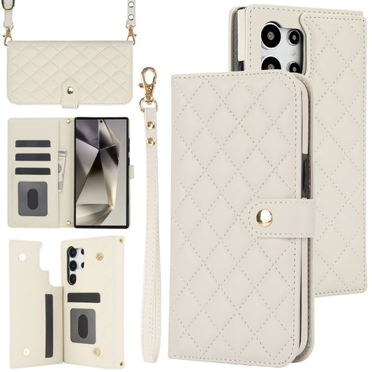 For Samsung Galaxy S24 Ultra 5G Crossbody Multifunction Rhombic Leather Phone Case(White) - Galaxy S24 Ultra 5G Cases by PMC Jewellery | Online Shopping South Africa | PMC Jewellery | Buy Now Pay Later Mobicred