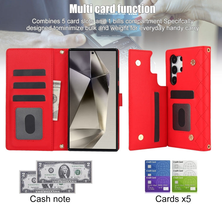 For Samsung Galaxy S24 Ultra 5G Crossbody Multifunction Rhombic Leather Phone Case(Red) - Galaxy S24 Ultra 5G Cases by PMC Jewellery | Online Shopping South Africa | PMC Jewellery | Buy Now Pay Later Mobicred