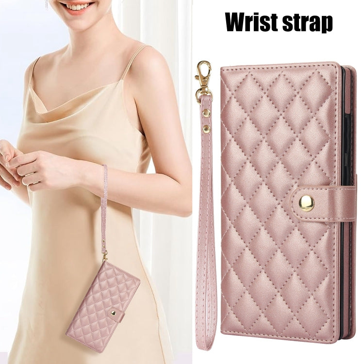 For Samsung Galaxy S24 Ultra 5G Crossbody Multifunction Rhombic Leather Phone Case(Rose Gold) - Galaxy S24 Ultra 5G Cases by PMC Jewellery | Online Shopping South Africa | PMC Jewellery | Buy Now Pay Later Mobicred