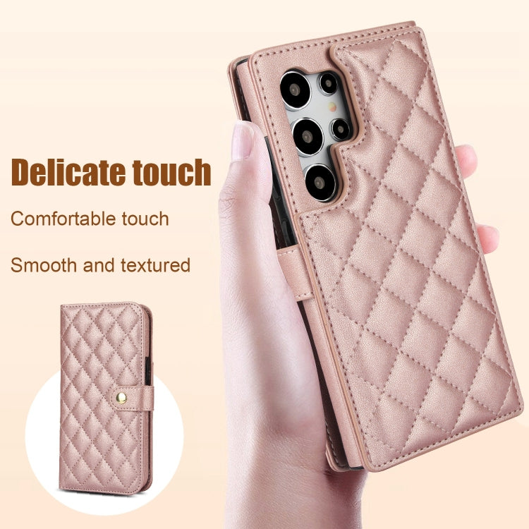 For Samsung Galaxy S24 Ultra 5G Crossbody Multifunction Rhombic Leather Phone Case(Rose Gold) - Galaxy S24 Ultra 5G Cases by PMC Jewellery | Online Shopping South Africa | PMC Jewellery | Buy Now Pay Later Mobicred