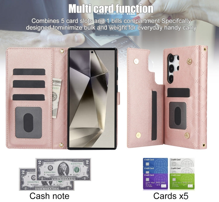 For Samsung Galaxy S24 Ultra 5G Crossbody Multifunction Rhombic Leather Phone Case(Rose Gold) - Galaxy S24 Ultra 5G Cases by PMC Jewellery | Online Shopping South Africa | PMC Jewellery | Buy Now Pay Later Mobicred