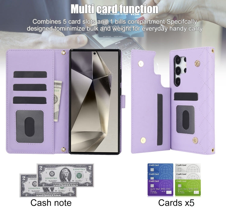 For Samsung Galaxy S24 Ultra 5G Crossbody Multifunction Rhombic Leather Phone Case(Purple) - Galaxy S24 Ultra 5G Cases by PMC Jewellery | Online Shopping South Africa | PMC Jewellery | Buy Now Pay Later Mobicred