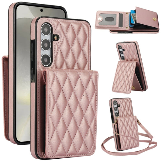 For Samsung Galaxy S24+ 5G YM015 Crossbody Rhombic Card Bag RFID Phone Case(Rose Gold) - Galaxy S24+ 5G Cases by PMC Jewellery | Online Shopping South Africa | PMC Jewellery | Buy Now Pay Later Mobicred