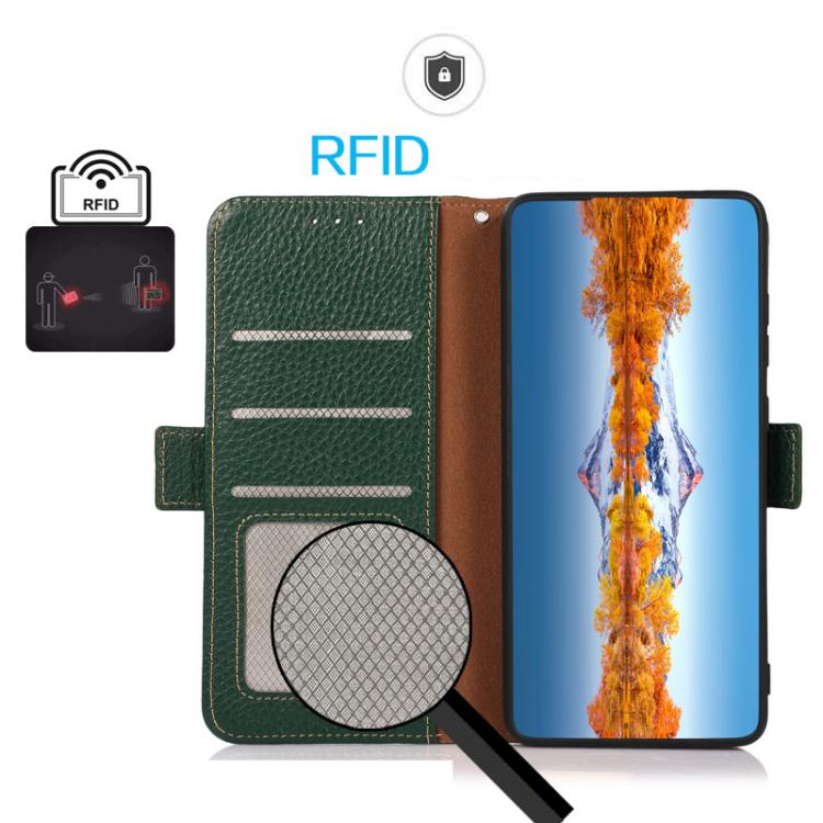 For iPhone 17 Pro Max KHAZNEH Side-Magnetic Litchi Genuine Leather RFID Case(Green) - free shipping - PMc TechLife - Order now!
