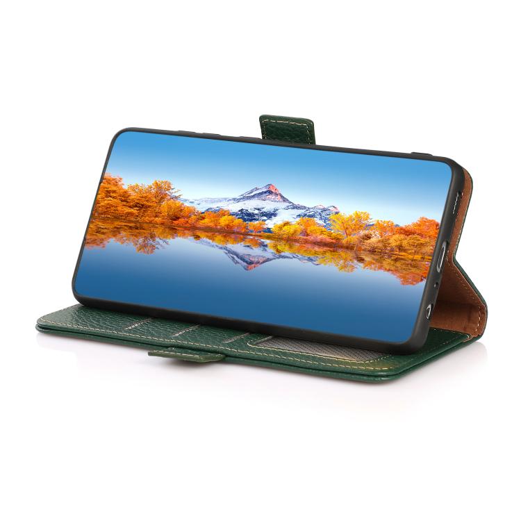 For iPhone 17 Pro Max KHAZNEH Side-Magnetic Litchi Genuine Leather RFID Case(Green) - free shipping - PMc TechLife - Order now!