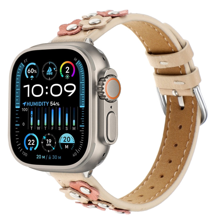 For Apple Watch Ultra 49mm Stitched Flower Leather Watch Band(Khaki) - Watch Bands by PMC TechLife | Online Shopping South Africa | PMC TechLife | Buy Now Pay Later Mobicred