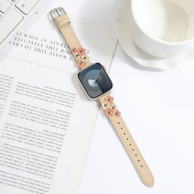 For Apple Watch Ultra 49mm Stitched Flower Leather Watch Band(Khaki) - Watch Bands by PMC TechLife | Online Shopping South Africa | PMC TechLife | Buy Now Pay Later Mobicred