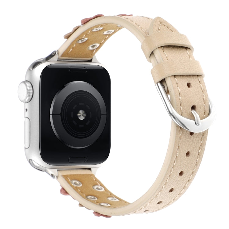 For Apple Watch Ultra 49mm Stitched Flower Leather Watch Band(Khaki) - Watch Bands by PMC TechLife | Online Shopping South Africa | PMC TechLife | Buy Now Pay Later Mobicred