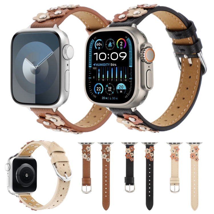 For Apple Watch Ultra 49mm Stitched Flower Leather Watch Band(Khaki) - Watch Bands by PMC TechLife | Online Shopping South Africa | PMC TechLife | Buy Now Pay Later Mobicred
