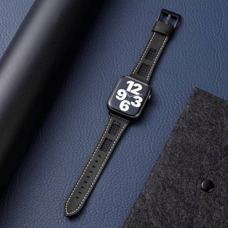 For Apple Watch Ultra 2 49mm Mesh Calfskin Genuine Leather Watch Band(Black) - Watch Bands by PMC TechLife | Online Shopping South Africa | PMC TechLife | Buy Now Pay Later Mobicred