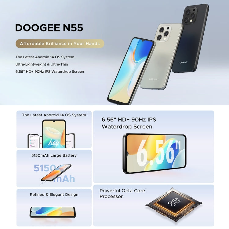 [HK Warehouse] DOOGEE N55, 4GB+128GB, 6.56 inch Android 14 Spreadtrum T606 Octa Core, Network: 4G(Black) - DOOGEE by DOOGEE | Online Shopping South Africa | PMC Jewellery | Buy Now Pay Later Mobicred