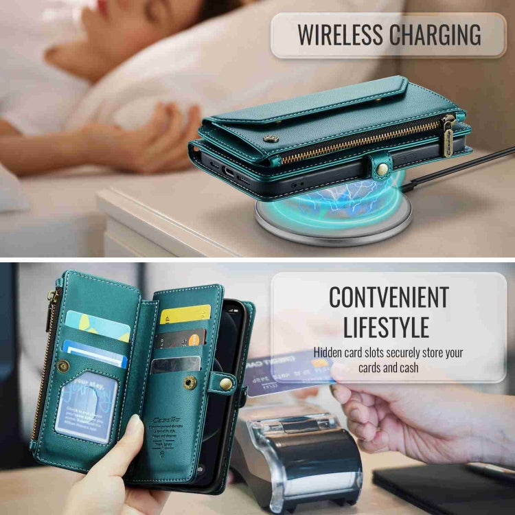 For iPhone 12 Pro Max CaseMe C36 Card Slots Zipper Wallet RFID Anti-theft Leather Phone Case(Blue-green) - free shipping - PMC Jewellery - Order now!