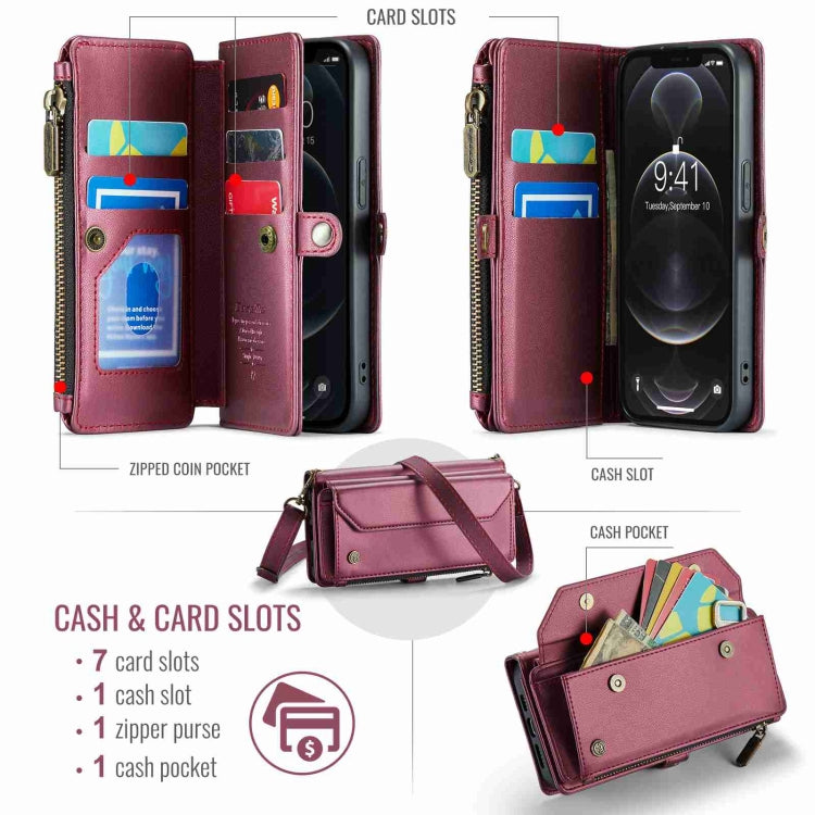 For iPhone 12 Pro Max CaseMe C36 Card Slots Zipper Wallet RFID Anti-theft Leather Phone Case(Wine Red) - free shipping - PMC Jewellery - Order now!