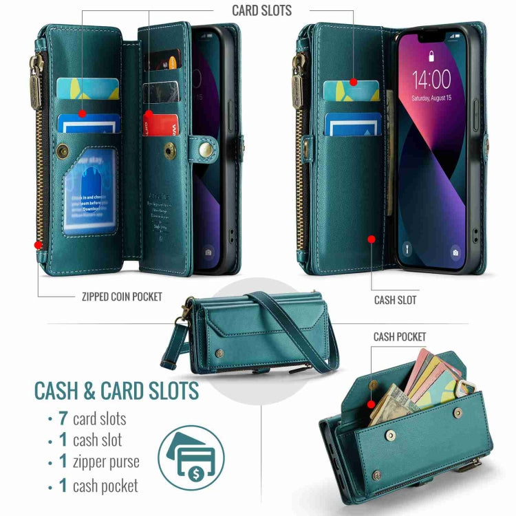For iPhone 13 CaseMe C36 Card Slots Zipper Wallet RFID Anti-theft Leather Phone Case(Blue-green) - free shipping - PMC Jewellery - Order now!