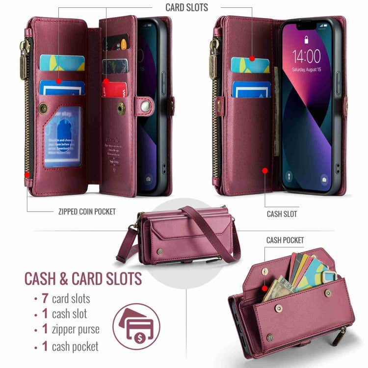For iPhone 13 CaseMe C36 Card Slots Zipper Wallet RFID Anti-theft Leather Phone Case(Wine Red) - free shipping - PMC Jewellery - Order now!