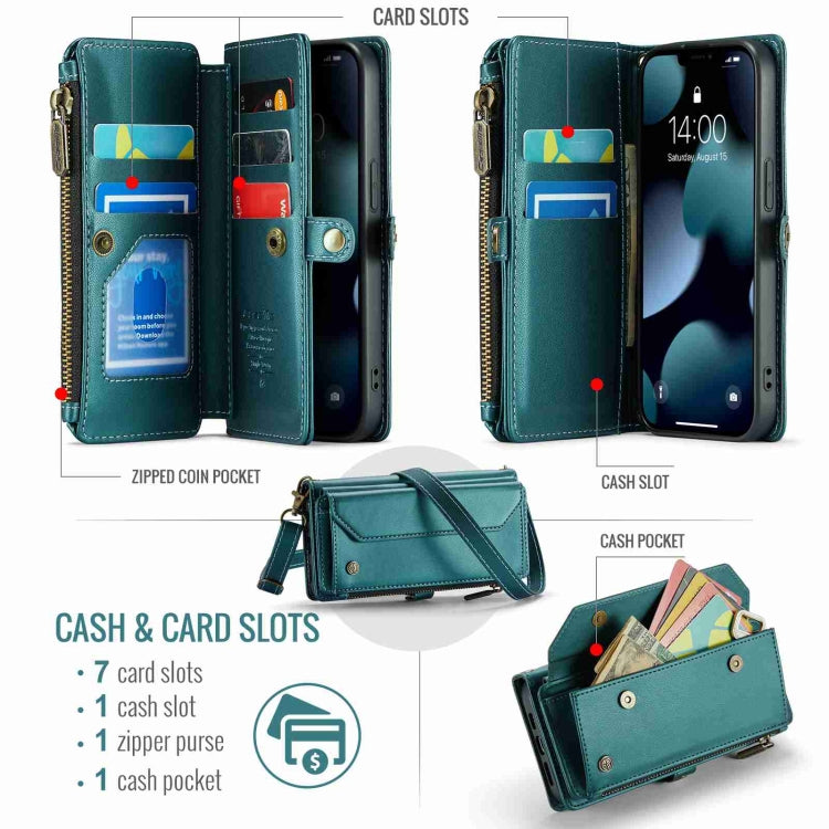 For iPhone 13 Pro CaseMe C36 Card Slots Zipper Wallet RFID Anti-theft Leather Phone Case(Blue-green) - free shipping - PMC Jewellery - Order now!