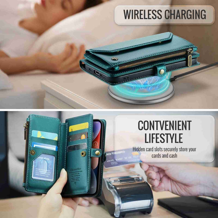 For iPhone 14 CaseMe C36 Card Slots Zipper Wallet RFID Anti-theft Leather Phone Case(Blue-green) - free shipping - PMC Jewellery - Order now!